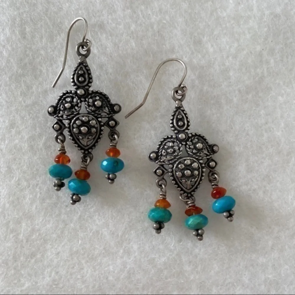 Sundance 925 silver turquoise carnelian beaded tassel chandelier drop earrings